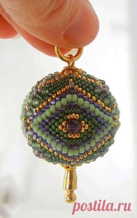 (63) Art Bead Pendant - Signature Beaded Bead by Sharri Moroshok - purple green gold