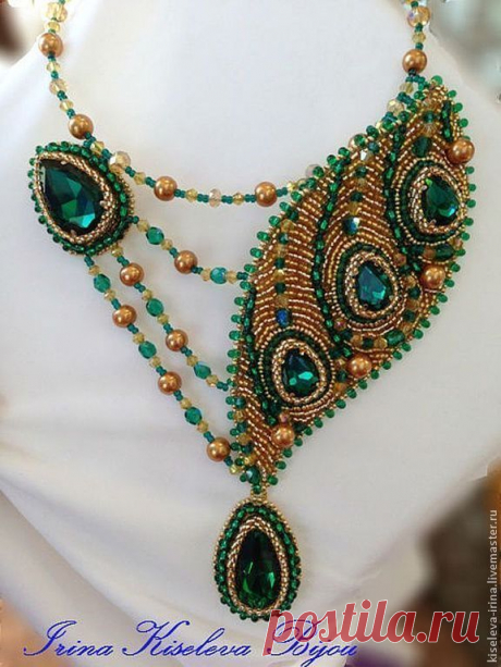 (49) Колье с зелеными кристаллами с золотом &quot;Перо Жар-птицы&quot;. Handmade. | Beaded | Ручная Работа