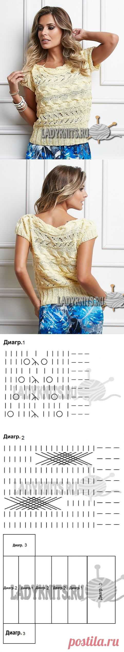 Красивый топ с косами и ажуром вязаный спицами