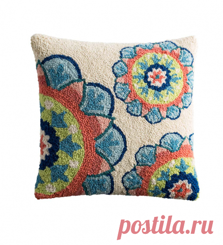 Medallion Hand-hooked Wool Pillow, Multi-Blooms | Eligible for Shipping Offers | Collections | VivaTerra Floral medallions in a soothing color palette complement chairs, sofas, and beds with this lovely seasonal accent. The design is rendered in 100% hooked-wool and finished with a cream linen back. Every pillow includes a natural down feather filled insert for a plush look and soft feel, and the covers zip open and closed for easy removal if needed. Perfect for a seaso...