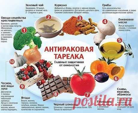 ГЛАВНЫЕ ЗАЩИТНИКИ ОТ ОНКОЛОГИИ 

Зеленый чай. 
Заваривать 10 минут, выпивать в течение часа. 2-3 кружки в день. 
2. Оливковое масло. Лучше холодного отжима, 1 столовая ложка в день. 
3. Куркума. Добавлять в блюда всочетании с черным перцем, иначе не усваивается. Достаточно щепотки в день. Схожими свойствами обладает имбирь. 
4. Вишня, малина, черника, ежевика, голубика, клюква. Можно замороженные, можно свежие, количество не ограничено. 
5. Слива, персики, абрикосы (все &quot;к...
