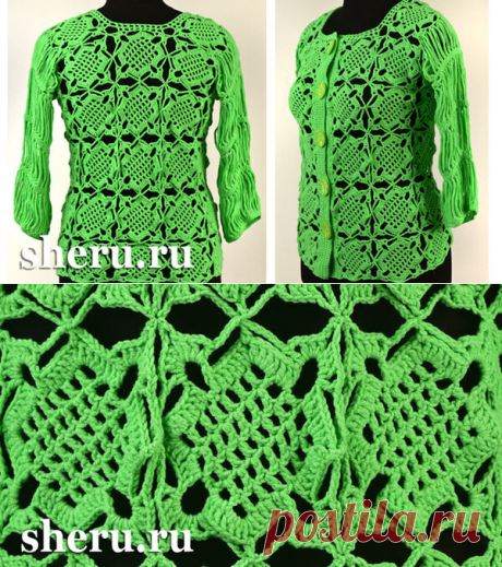 Ажурная кофточка крючком с оригинальным рукавом схемы вязания и мастер класс