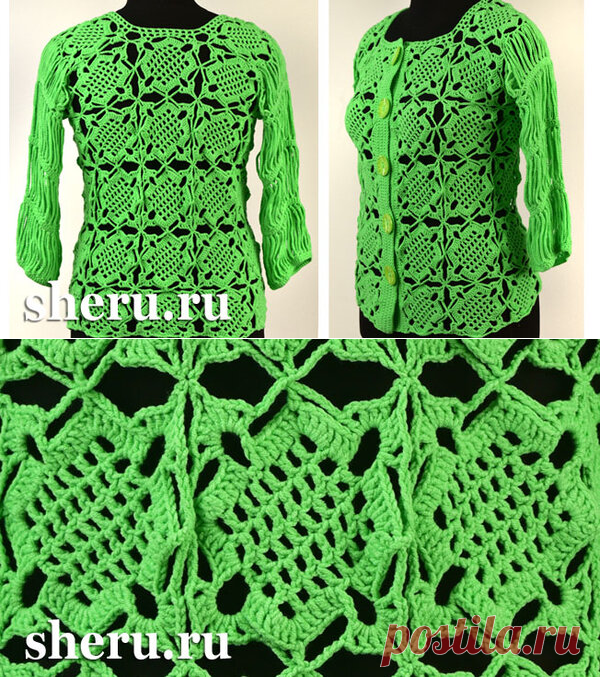 Ажурная кофточка крючком с оригинальным рукавом схемы вязания и мастер класс