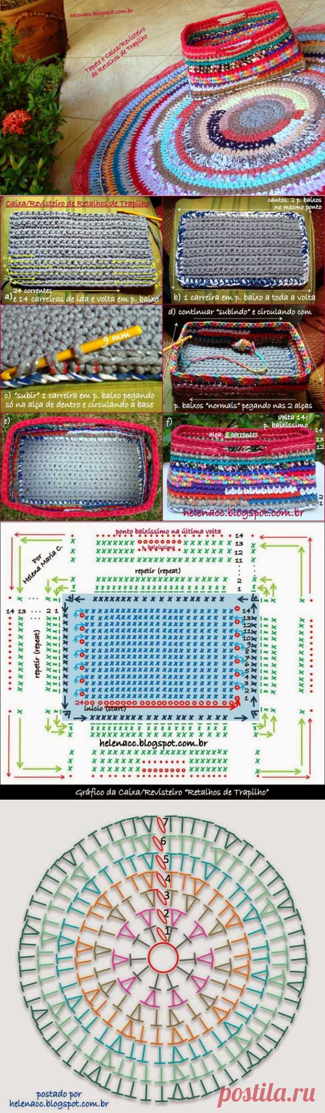 EU TAMBÉM CROCHETO...: Tapete e Caixa/Revisteiro "Retalhos de Trapilho"