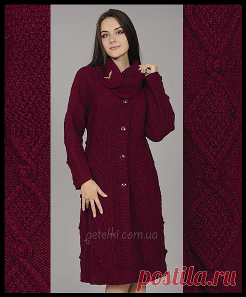 Стильное пальто на осень и весну в шоколадном оттенке - описание и схема вязания спицами