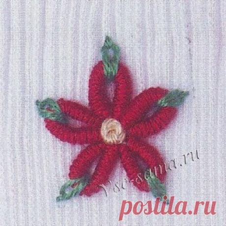 Узелок «рококо» - цветок из петель Лепестки этого яркого цветка образованы петлями (рококо», а центр выполнен крупным французским узелком. Каждый лепесток закреплен на конце швом «петля».