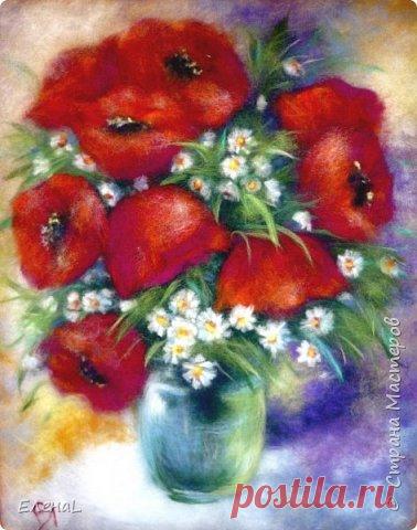 Картина из шерсти. Букет с ромашками и маками | Страна Мастеров