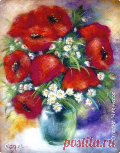 Картина из шерсти. Букет с ромашками и маками | Страна Мастеров