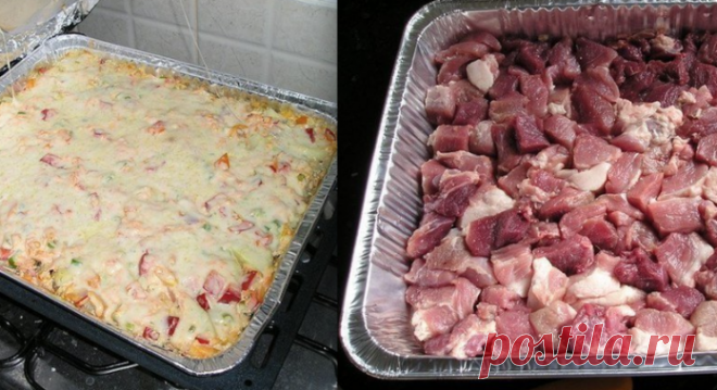 Классное и необычное блюдо из простых ингредиентов: Мясо запеченное с консервированными грибам