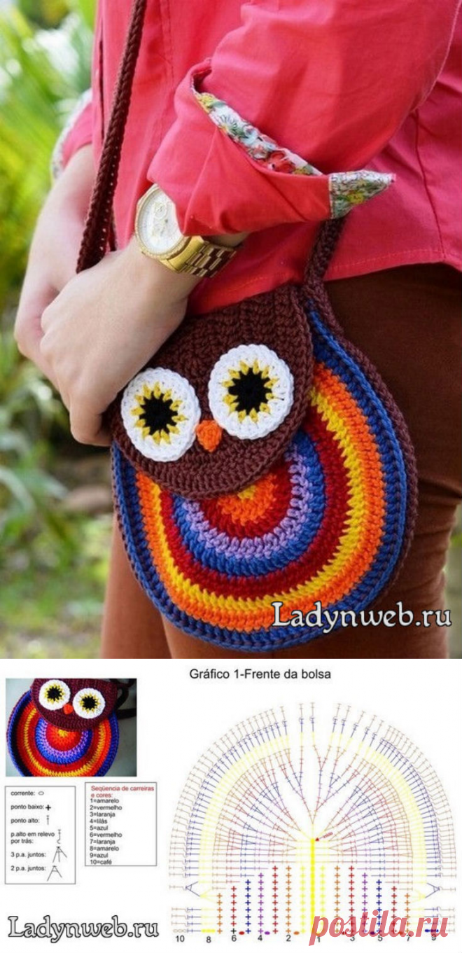 Сумка сова крючком схема | Ladynweb.ru Для вязания сумочки потребуется: Крючок. Акриловая пряжа коричневого, синего, белого, оранжевого, желтого, красного и фиолетового цветов. Иголка.