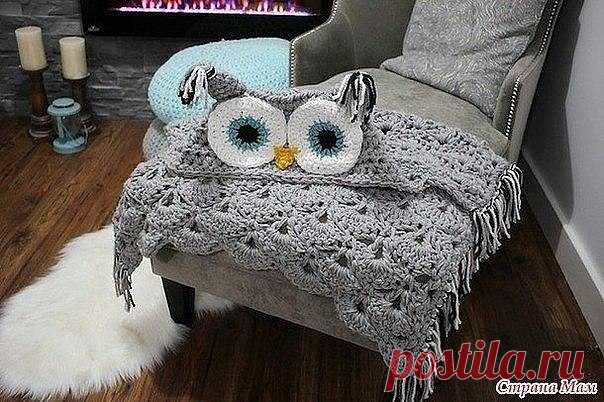 Плед с капюшоном-совушкой крючком из толстой пряжи