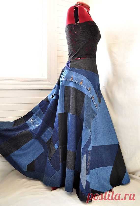 Careless Blues - Recycled Denim Patchwork Boho Skirt, Size - S, M, L, XL