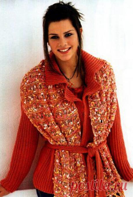 Вязание спицами - модель, схема яркий стильный жакет и широкий меланжевый шарф