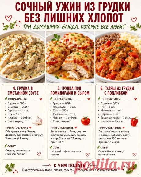 Грудка в сметанном соусе. Грудка под помидорами и сыром. Гуляш из грудки с подливкой (что приготовить из куриной грудки)