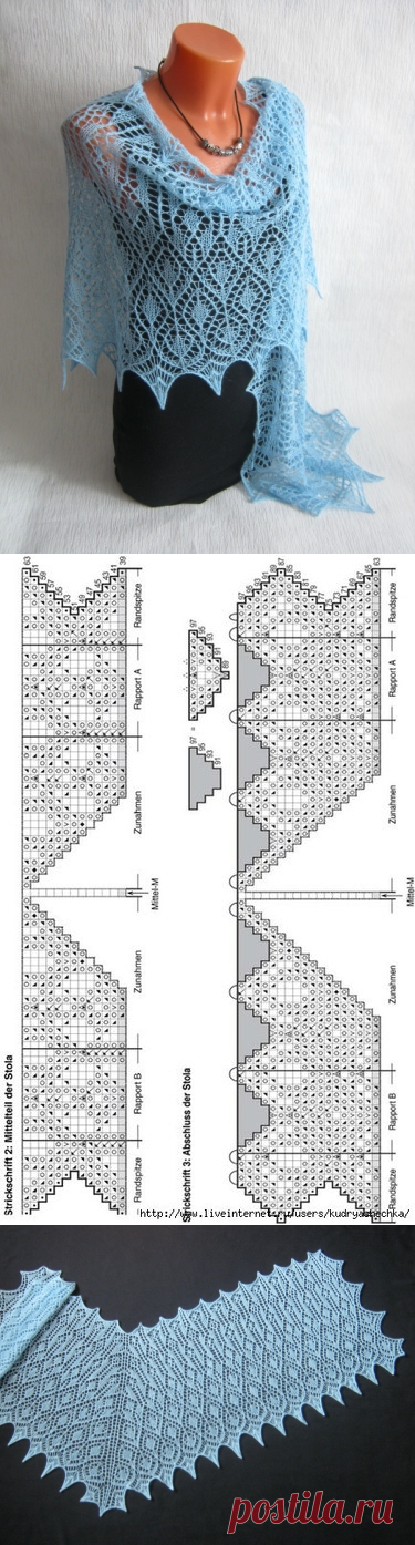 Голубая ажурная шаль спицами. Вязаная спицами стола |