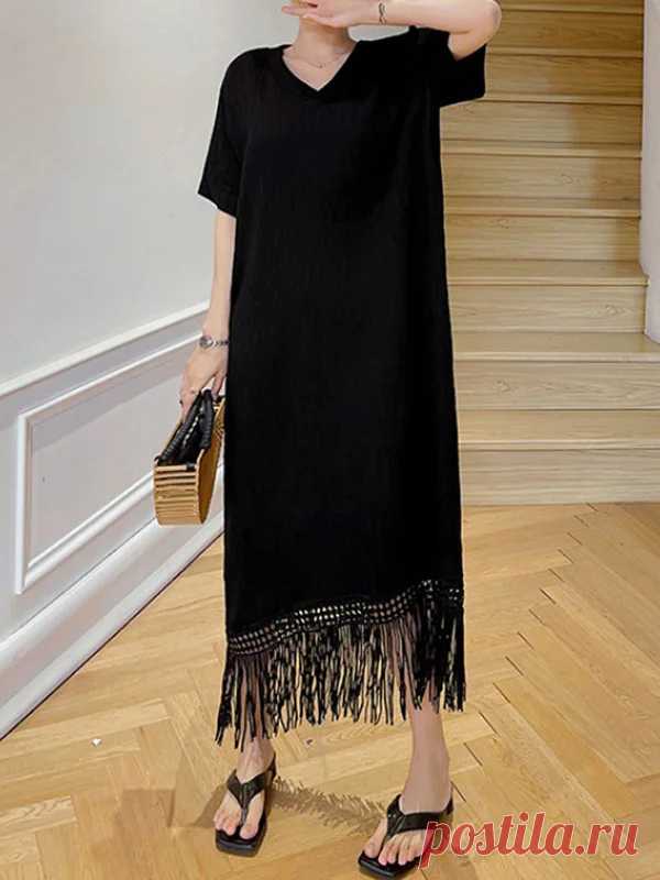 Loose Short Sleeve Split-Joint Tasseled V-Neck Midi Dress