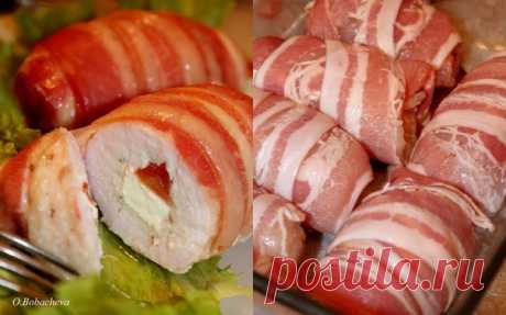 Рулетики из куриного филе с сыром &quot;Фета&quot; и помидорами, в беконе. Автор: Ольга Бобачева.