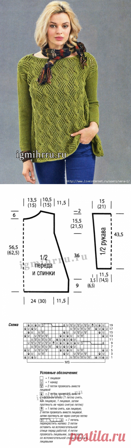 ПУЛОВЕР ЦВЕТА МХА С А-СИЛУЭТОМ И ВЫРАЗИТЕЛЬНЫМ АЖУРНЫМ УЗОР С КОСАМИ.