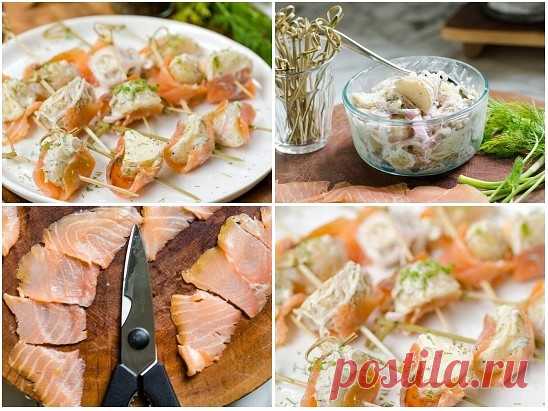 Канапе из красной рыбы и картофеля 

Простой рецепт оригинальной закуски из ломтиков копченой красной рыбы (семга, кета или форель) с вареным картофелем и репчатым луком.
