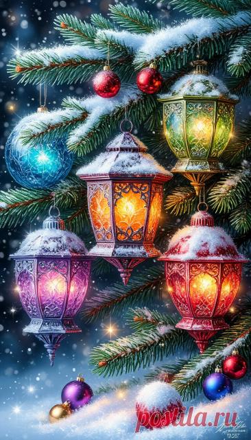 аэрография , на ёлочной ветке красивые матовые разноцветные фонарики,и искрящиеся ёлочные шары✨снег