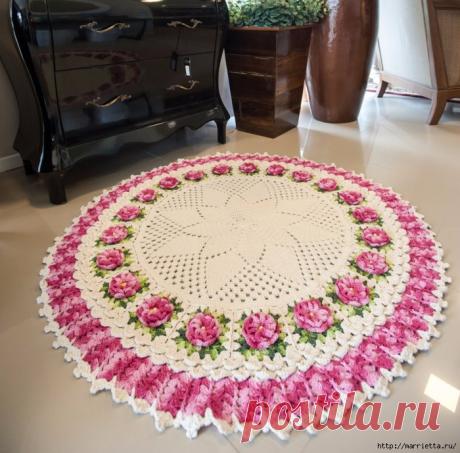 Круглый коврик крючком с розочками. Схемы вязания
