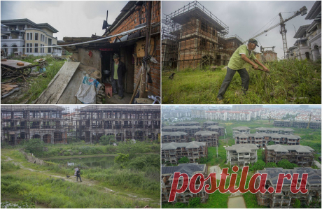 Единственные жители района с 70 элитными виллами — старик с собакой | Чёрт побери 75-летний старик и его собака — единственные жители общины неподалеку от озера в китайской провинции Аньхой. Эта местность должна была стать элитным районом, но 70 престижных вилл так и остались недостроенными. Мужчина по фамилии Гао получает около 260 долларов в месяц за то, что присматривает за зданиями и брошенным оборудованием.