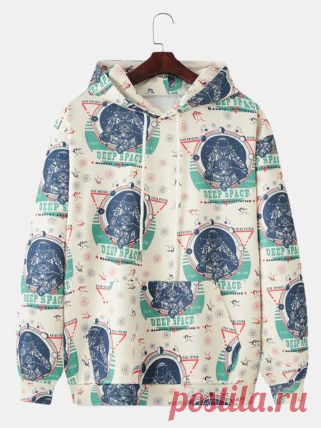 Astronaut Print Long Sleeve Kangaroo Pocket Hoodies For Men - US$29.99
