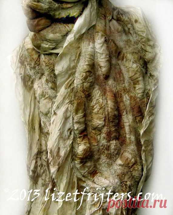 Khaki Eco Printed Textured Nuno Felted Scarf Winter Scarf Eco Fashion Ecoprint…
