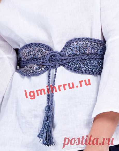 Широкий вязаный пояс с кистями. Вязание крючком со схемами и описанием