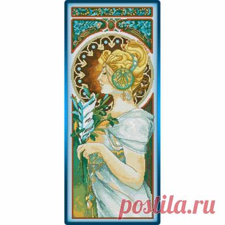 #Люди@clubrucodelnic
#Узоры@clubrucodelnic
#Репродукции_Художников@clubrucodelnic
Альфонс Муха - Перо (Блондинка)

Схема ___________ На схеме показано, что в процессе вязания мы будем использовать 4 цвета пряжи.
1. Цвет 1 - нить основного цвета
2. Цвет 2 - нить второго цвета
3. Цвет 3 - нить третьего цвета
4. Цвет 4 - нить четвертого цвета. 
1 ряд: 6 столбиков с накидом в кольцо амигуруми, соединительный столбик. Затем вяжем по спирали, количество столбиков должно быть кратно 6.
2 ряд: 4 столб…