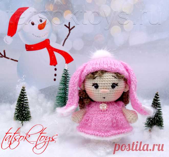 PDF Девочка-зайка крючком. FREE crochet pattern; Аmigurumi doll patterns. Амигуруми схемы и описания на русском. Вязаные игрушки и поделки своими руками #amimore - маленькая кукла в шапочке с заячьими ушками, пупс, куколка, пупсик, девочка.