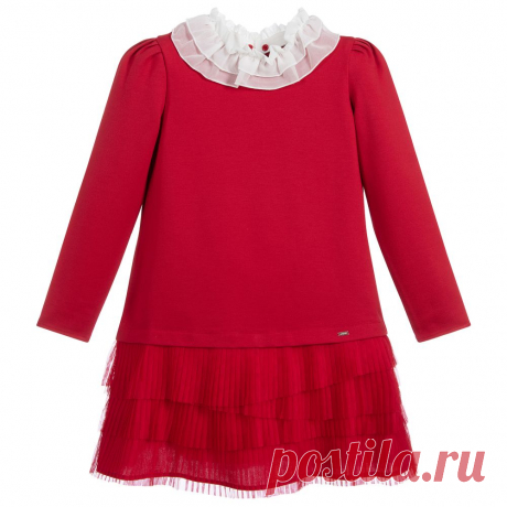 Red Viscose Jersey Dress Smart for older girls, a dark red long sleeved dress by Mayoral, with an ivory chiffon ruffle collar. This classically styled dress is made from soft viscose jersey with a pleated chiffon skirt. Fully lined in soft jersey for comfort, the dress collar is removable for a more casual look.
