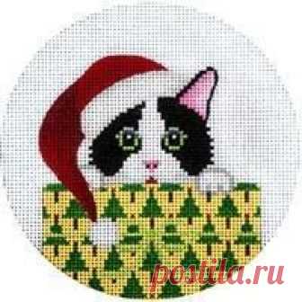 Kitty in Package Ornament Canvas  JP Needlepoint Designs
Black and White Kitty in Package Needlepoint Ornament Canvas
18 mesh  4 1/2