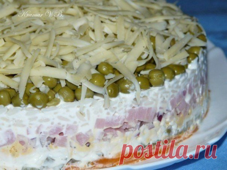 Нежный салатик с ветчиной и рисом

Нам понадобится:
вар.морковь (на тёрке)
марин.огурец (кубиками)

белок (на тёрке) 
желток (на тёрке)
ветчина(кубиками)
лук 
отвар. рис 
горошек 
сыр (на тёрке)
Всё выложить слоями и смазать майонезом.Приятного аппетита!!!!
