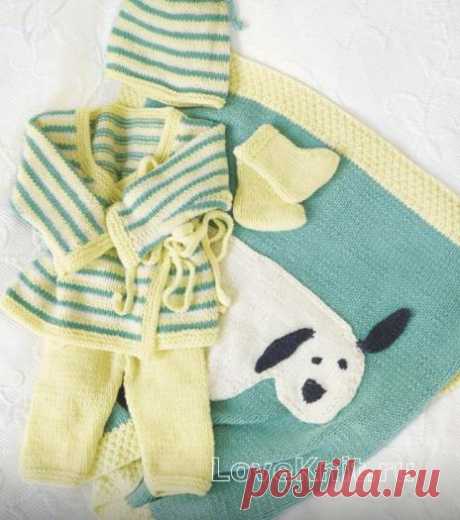 Комплект из кофточки, штанишек, пинеток, шапочки и пледа с апликацией схема » Люблю Вязать