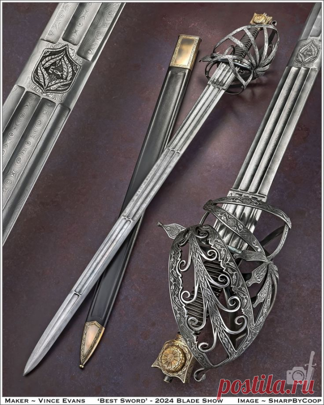 Меч с развитой гардой Паппенхеймер (англ. Pappenheimer sword) от Vince Evans. «Best Sword» - 2024 Blade Show. Гравировка. Литьё.
