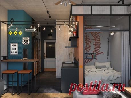 Проект квартиры 28 кв.м с проходной кухней и кроватью в нише. Дизайн студии Story &amp; Wellspring.