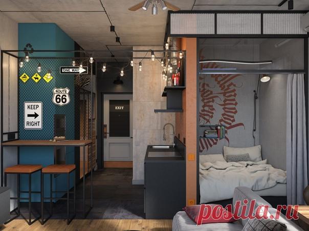 Проект квартиры 28 кв.м с проходной кухней и кроватью в нише. Дизайн студии Story & Wellspring.