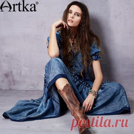 платье лодыжки картина - более детальную картину о Этническая Ретро Artka женские длинные платья хорошего качества вышивки украсить фонарь рукав мода женщина джинсовые платья LN14059X картину от Artka. Aliexpress.com | Группа Алибаба