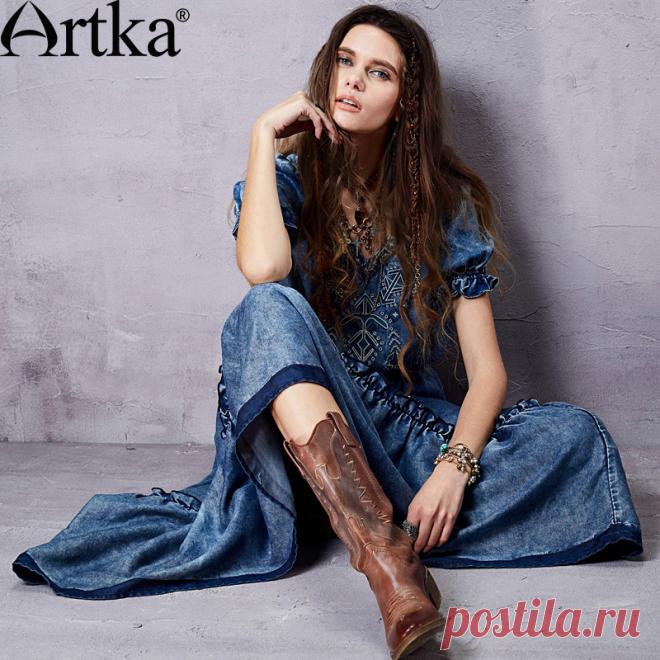 платье лодыжки картина - более детальную картину о Этническая Ретро Artka женские длинные платья хорошего качества вышивки украсить фонарь рукав мода женщина джинсовые платья LN14059X картину от Artka. Aliexpress.com | Группа Алибаба