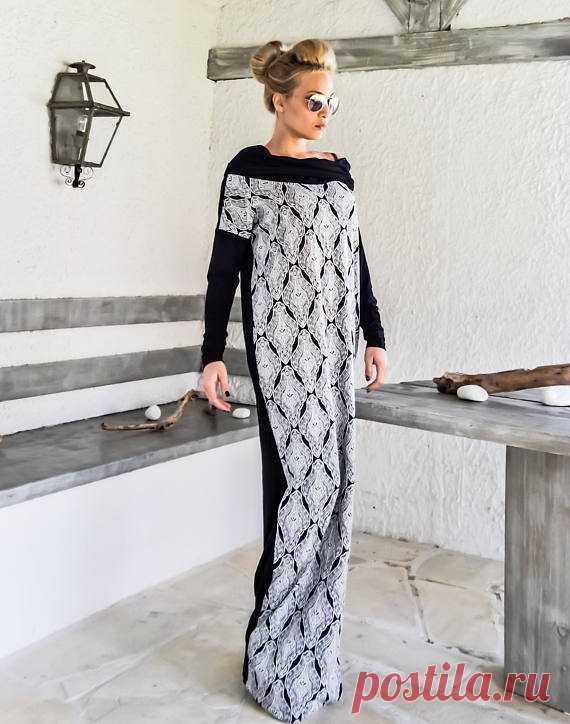 NEW 2017.... Black & Print Long Sleeve Maxi Dress Kaftan /
