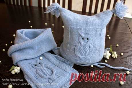 ​Шапочка и шарфик с совами, описание от автора