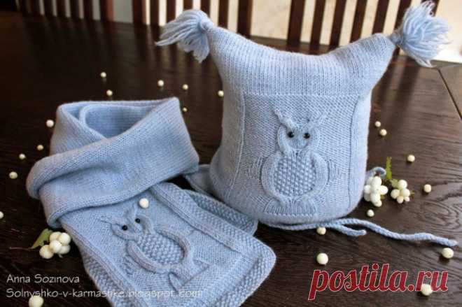 ​Шапочка и шарфик с совами, описание от автора