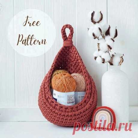 Подвесная корзина из трикотажной пряжи. Крючком. / knittingideas.ru