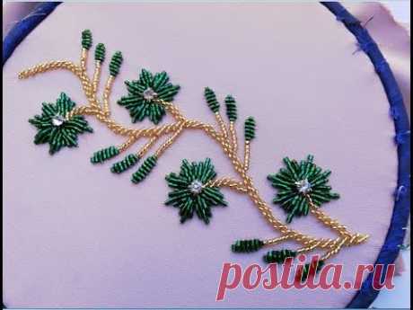 hand embroidery:borderline flower embroidery with two colore of beads.
