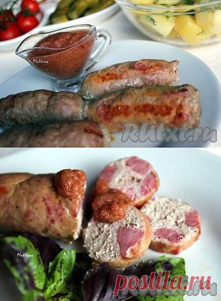 Домашние купаты из свиного фарша и кусочков говядины в духовке.