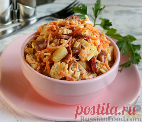 Рецепт: Салат с охотничьими колбасками и корейской морковью на RussianFood.com