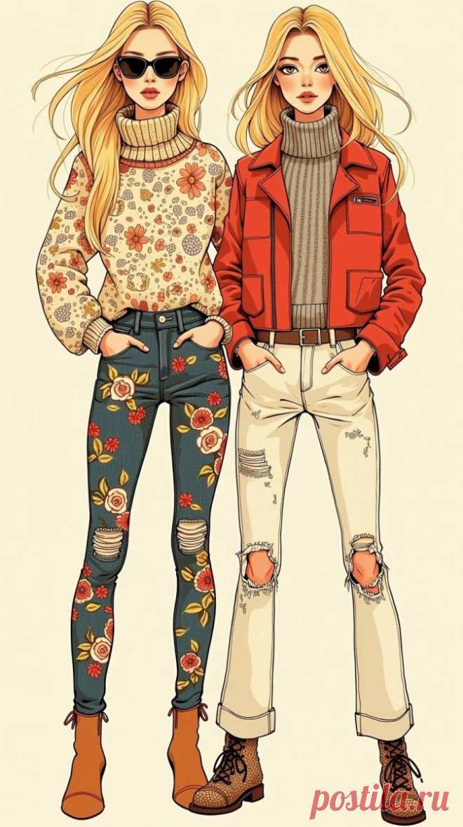 Две модницы в джинсовой вышивке и ярких куртках смотрят на зрителя. Картинка из нейросети Flux.1 - Flux.1 примеры промтов - Форум ИИ о нейросетях - Yes Ai