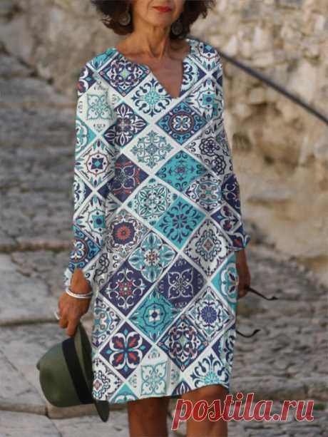 Vintage Floral Geometric Print V-neck Long Sleeve A-line Casual Dress - US$16.99