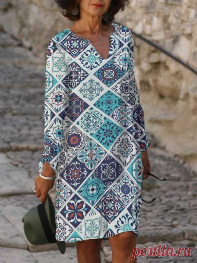 Vintage Floral Geometric Print V-neck Long Sleeve A-line Casual Dress - US$16.99